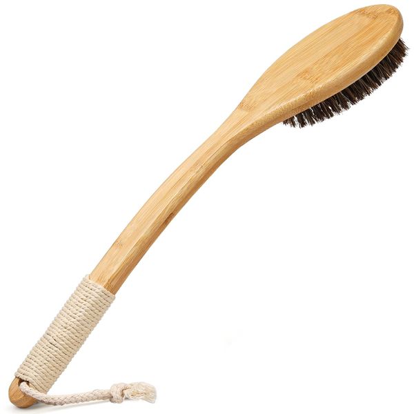 16.7" Curved Bamboo Back Brush | Natural Bristle Wet Dry Exfoliator