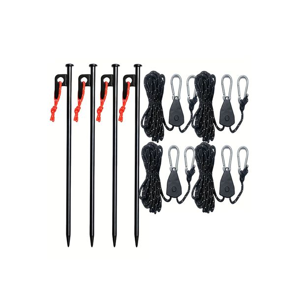 Four 12-inch Heavy-Duty Camping Tent Pegs with 157-inch Gear Pulley Ropes
