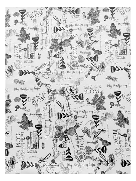 White/black Vinyl Tablecloth Afrikaans writing/flowers/birds 6-8 seater
