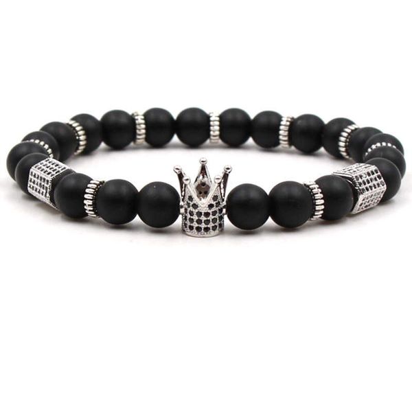 Argent Craft Natural Black Matte Agate Bracelet with King Crown &amp; Die