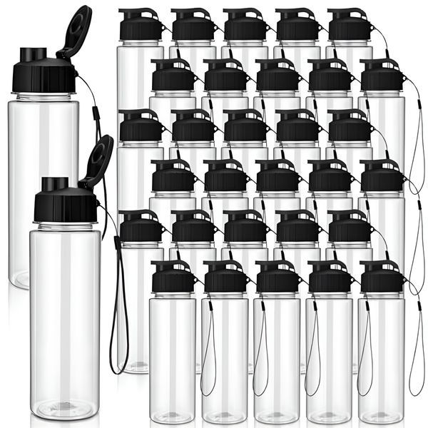 PET Reusable Water Bottles with Flip Top Lid and Strap - Clear - 30 Piece