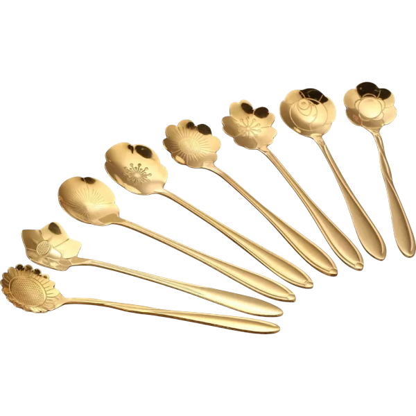 8 Piece Elegant Floral Design Gold-Toned Tea Spoons - Gold