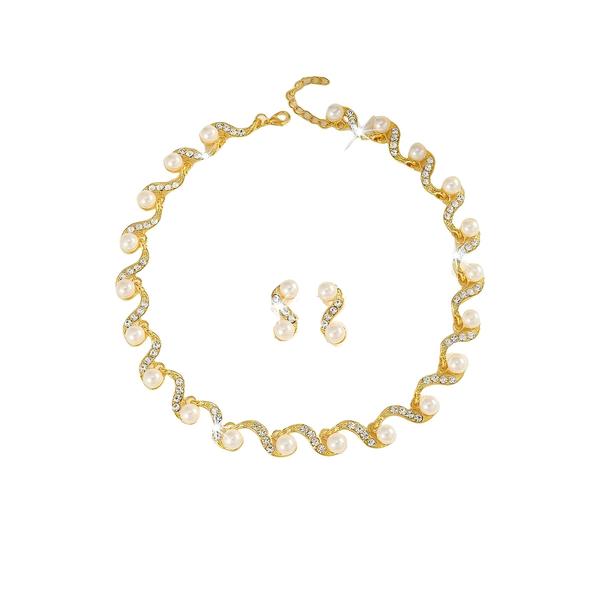 ZELTRYN Wavy Pearl Rhinestone Choker Jewelry Set