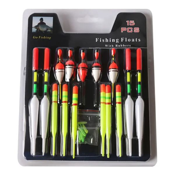 Camping Fishing Floats Assorted Size with Attachment Rubber Lures 15 Piece