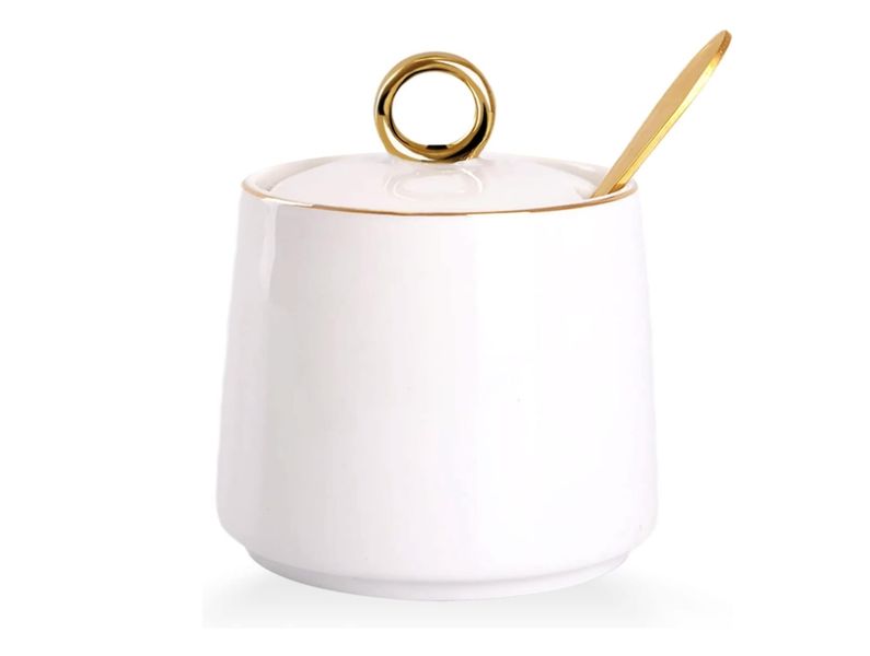 Ceramic Sugar Bowl with Lid and Spoon, Simple White Clear Porcelain Salt