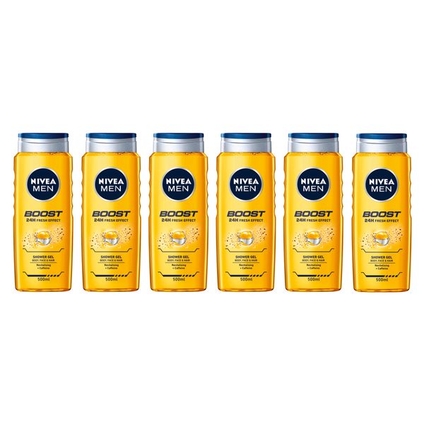 NIVEA MEN Boost 3in1 Shower Gel Wash with Revitalising Caffeine, 6x500ml
