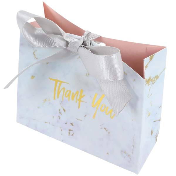 50Pcs Small Marble Print Thank You Gift Bags with Ribbon Bow - White