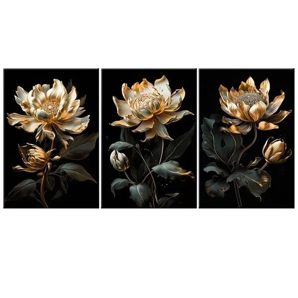 Canvas-Art-3 Pieces Black &amp; Gold Flower Modern Abstract Wall Art II