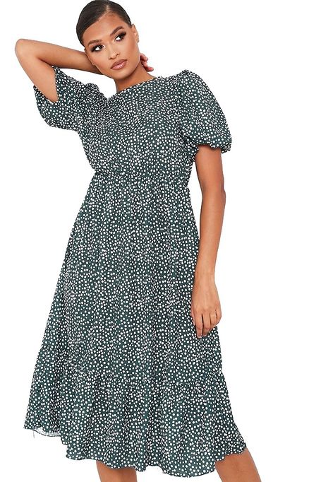 green polka dot puff sleeve dress