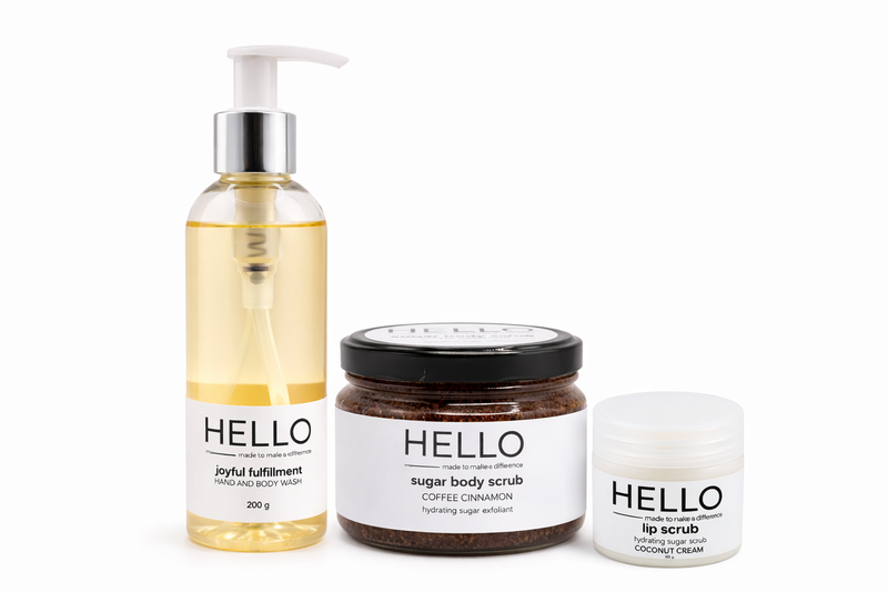 HELLO Luxury Body Care Set - Hand Wash, Coffee Body Scrub &amp; Lip Scrub