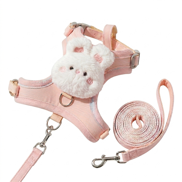 Cute Plush Bunny Small Dog &amp; Cat Harness and Leash Set - Pink Size M