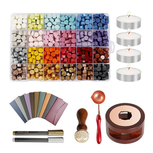 Wax Seal Kit 24 Colors 600 Beads Heater Stamp Spoon Pen for Envelopes Gifts
