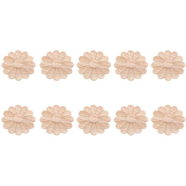 10 Piece Unpainted Round Flower Pattern Wood Carved Applique Decoration