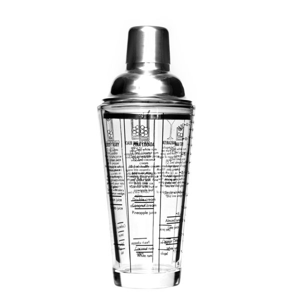 Bar Butler Cocktail Shaker with 6 Recipe Measures Glass &amp; St Steel, 400ml