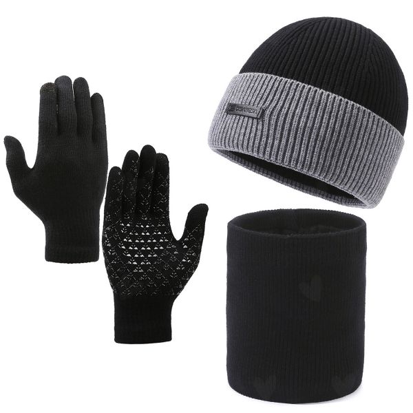 Knit Beanie Hat Scarf Touch Screen Gloves Warm Winter - 3 Pack Set