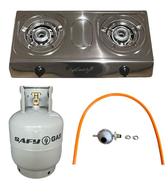 Aruif Two Burner Auto Ignition Stainless Steel Gas Stove &amp; 9Kg Cylinder