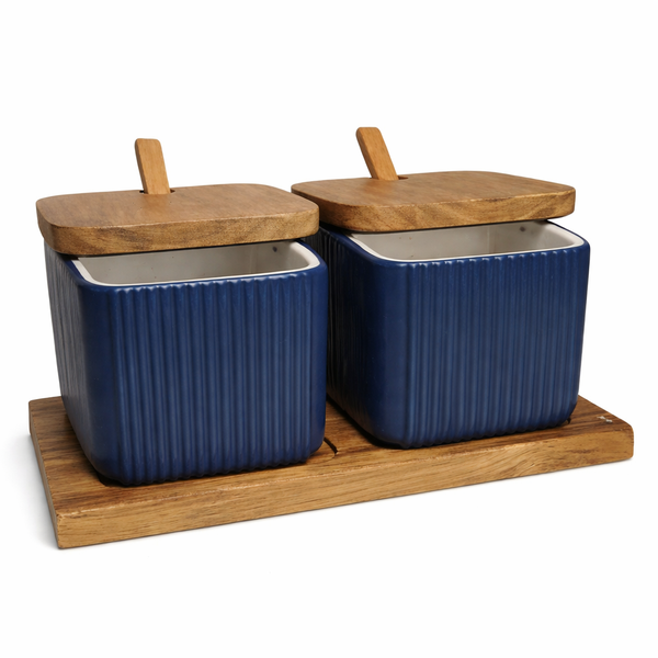 2 Piece - Double Ceramic Condiment Jars with Bamboo Lids
