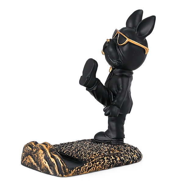 Cute Standing Bulldog Phone Holder: Black &amp; Gold Desktop Figurine