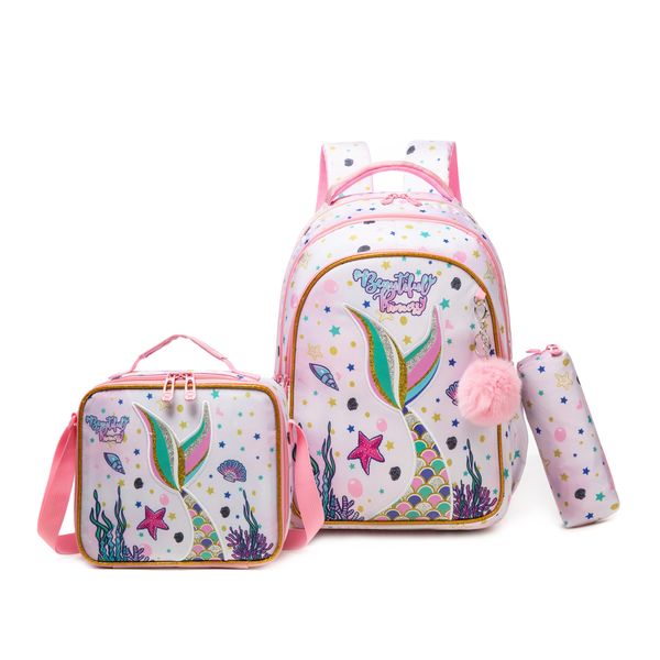 3 Piece Mermaid School Backpack with Pencil Case &amp; Lunch Bag
