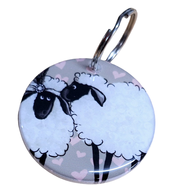 Keyring - Fluffy Sheep Whispering on Pink Hearts