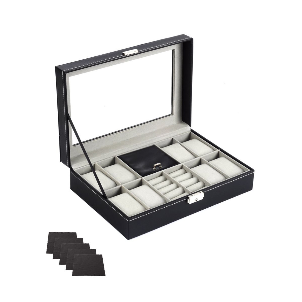 8 Slots PU Leather Watch Display Box with Key & 5 PCs Clean Cloth