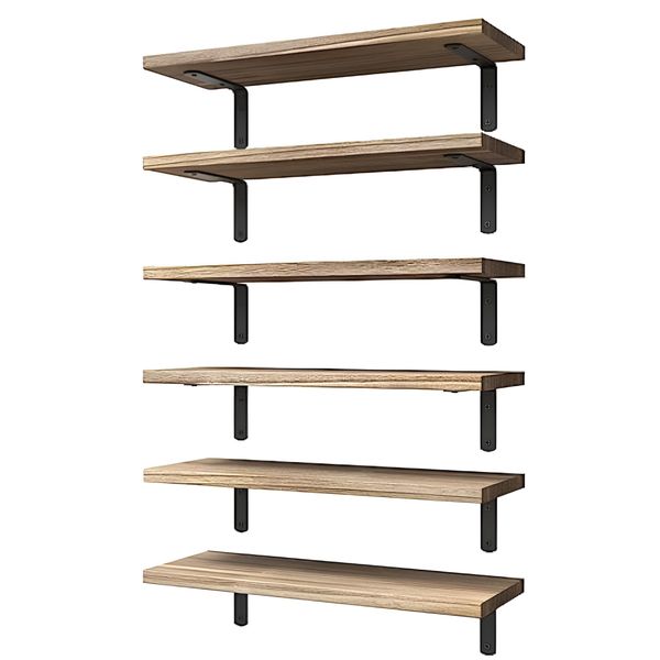 6 Piece Wood &amp; Metal Floating Wall Shelves for Multipurpose - Natural Wood