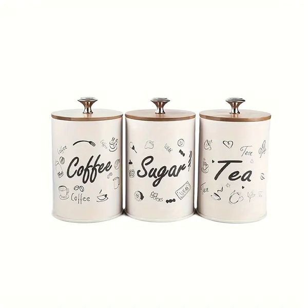 Elegant Coffee, Sugar and Tea Storage Canister Set with Wooden Lids