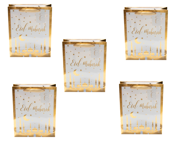 Eid Mubarak Gift Bags - White &amp; Gold Foil Shiny Print - 5 Pack