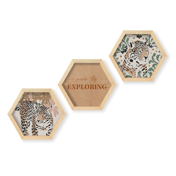 Cape Art Wall Art Pine Hex 3 Piece Collage - Leopard Explorer