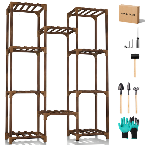 TopikaHome - 10 Tier Plant Stand Rack for Indoor/Outdoor, Wood Plant Shelf