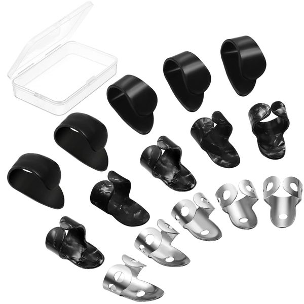 15Pcs Guitar Picks Ring Thumb Finger Picks Finger Picks(Black+Silver)