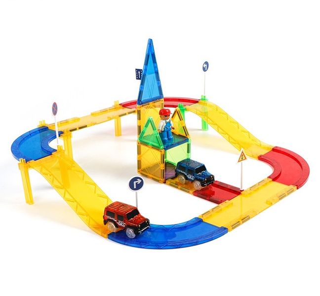 Magplayer Magnetic Tiles Car Raceza9 Track Set in Storage Tub (82 Pieces)