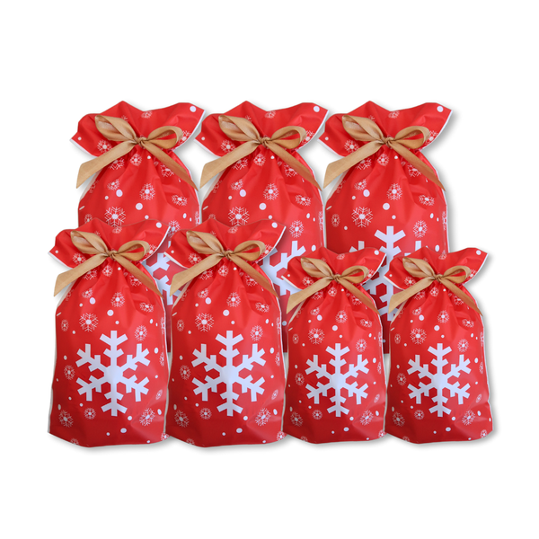 7pcs Assorted Sizes Christmas Gift Bags with Drawstring Red with White Bows
