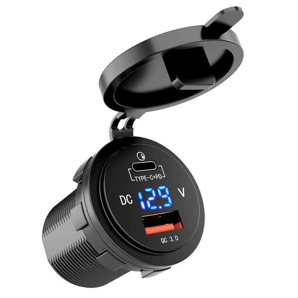 QC3 USB Charger With Volt Meter &amp; C-Type Port - Blue LED