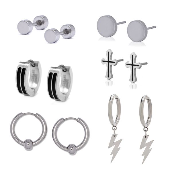 Androgyny Stainless Steel Stud &amp; Hoop Earrings - 6 Pairs Pack