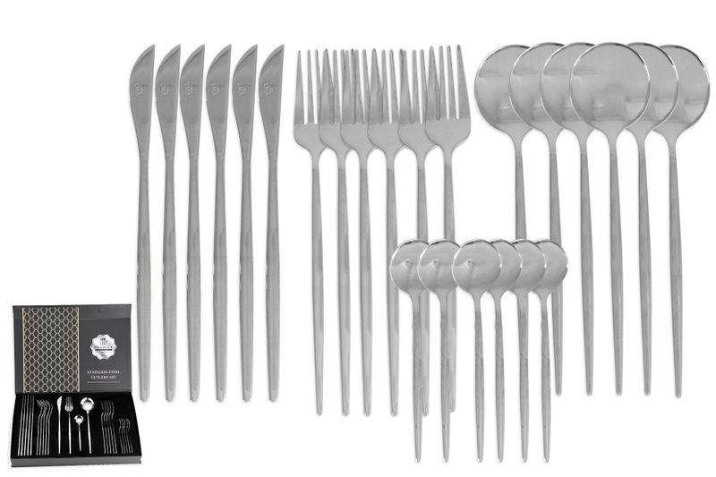 Stainless Steel - 24 Piece Flatware Dinner Set and Elegant Noir Gift Box