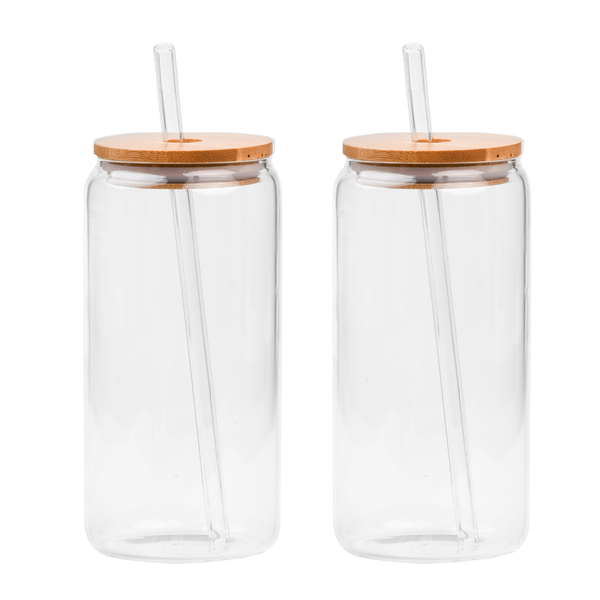 Can Shaped Glass Tumbler with Bamboo Lid &amp; Glass Straw - Set of 2 - 550ml