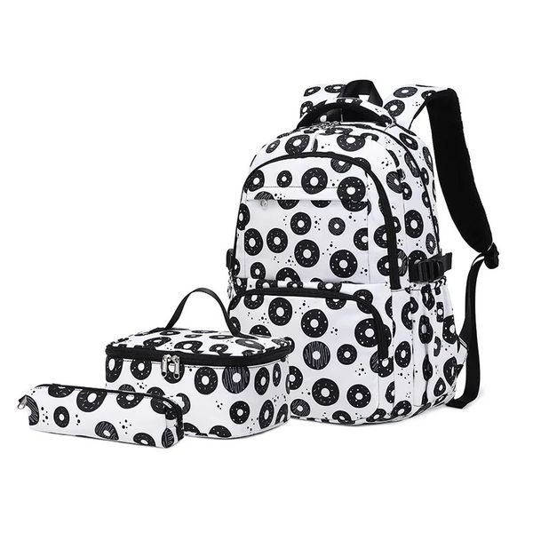School Backpack Girls 3Pcs Sets Colorful Donuts with Lunch Bag Pencil case