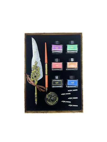 Retro Mechanical Gear Quill Pen Set With 6 Colors Of Ink