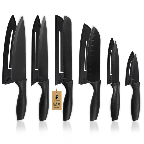 6 Piece Kitchen Knife Set with Covers, Black Coated Stainless Steel Blades