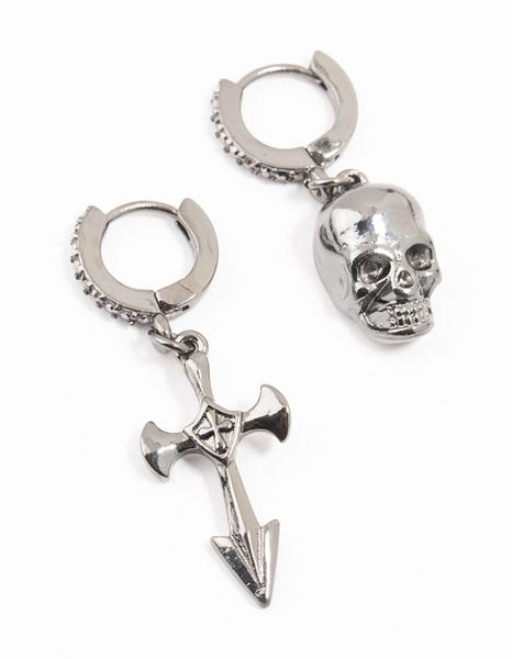 Gunmetal Diamante Cross and Skull Huggie Earrings