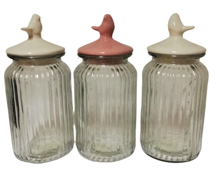 Cannister Set 3 Piece Glass With Ceramic Lid Bird Handle
