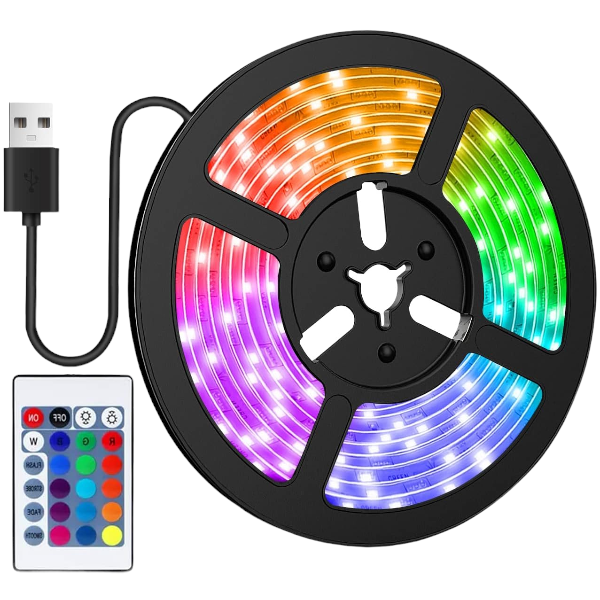 5M Multicolor USB LED 2835 Strip Lights with Sticky Adhesive - Black