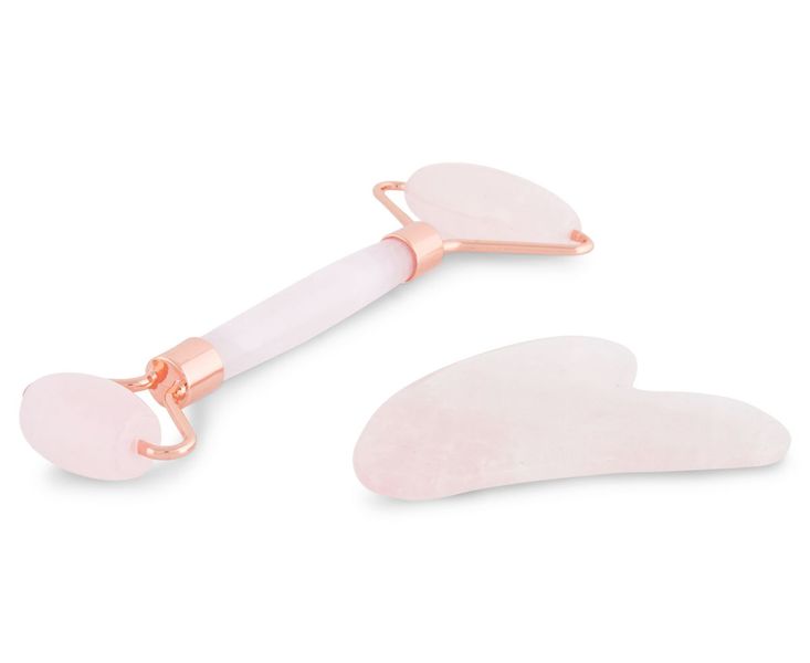Mikay Health Rose Quartz Stone Roller &amp; Gua Sha with Rosegold Handles