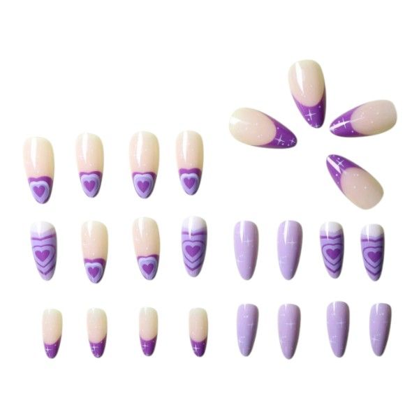 24 Piece - Long Almond Heart Pattern Press-On Nails - Purple