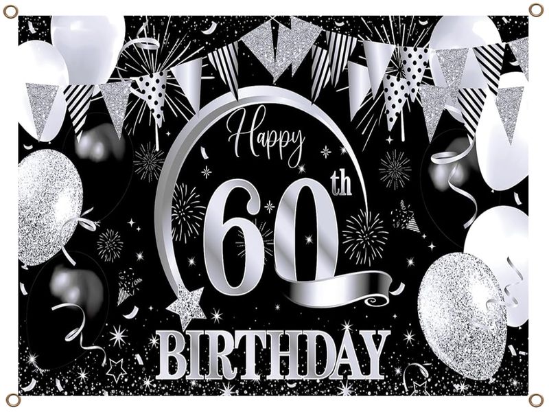 Happy 60th Birthday Banner PVC Silver and Black 1.3MX900MM