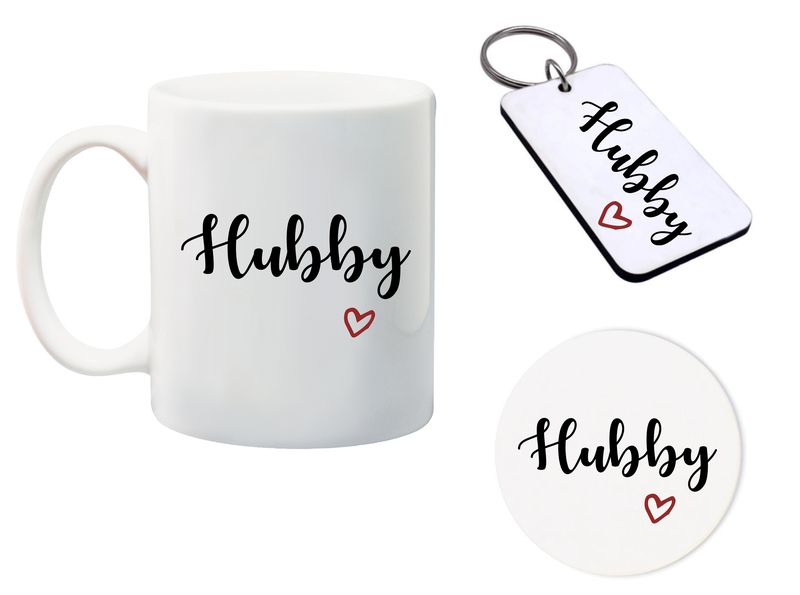Hubby Mug, Glass Coaster and Matching keyring gift Combo