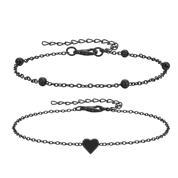 Black Heart and Beaded Anklet Set, Adjustable Stainless Steel Foot Chain