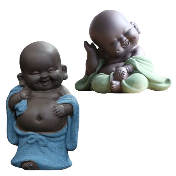 Decor Ceramic Little Cute Buddha Smiling Ornaments Set Of 2 -9.6cm