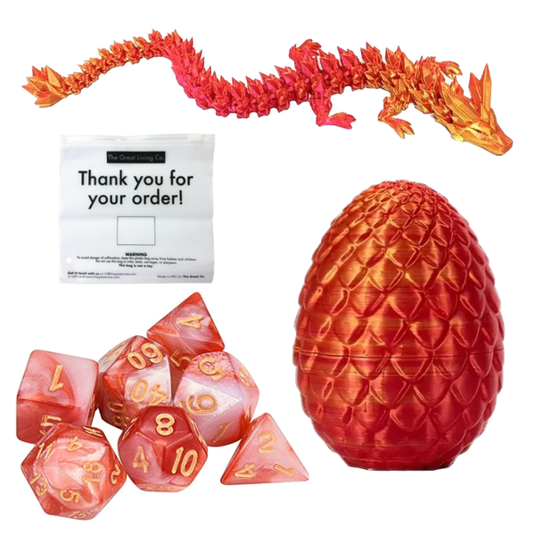 DND Dragon Egg Set with 3D Printed Dragon, 7 Dice &amp; Storage Pouch